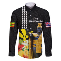 Hawaii King Kamehameha Day Family Matching Off Shoulder Short Dress and Hawaiian Shirt Kanaka Maoli Hibiscus Flower and Kakau Pattern LT03 Dad's Shirt - Long Sleeve Black - Polynesian Pride