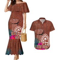 Chamorro Biba Guam Couples Matching Mermaid Dress and Hawaiian Shirt Latte Stone Tribal and Hibiscus Flower Tapa Pattern LT03 Brown - Polynesian Pride