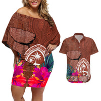 Chamorro Biba Guam Couples Matching Off Shoulder Short Dress and Hawaiian Shirt Latte Stone Tribal and Hibiscus Flower Tapa Pattern LT03 Brown - Polynesian Pride