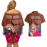 Chamorro Biba Guam Couples Matching Off Shoulder Short Dress and Hawaiian Shirt Latte Stone Tribal and Hibiscus Flower Tapa Pattern LT03 - Polynesian Pride