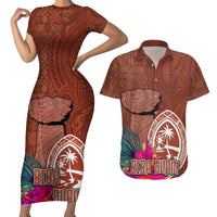 Chamorro Biba Guam Couples Matching Short Sleeve Bodycon Dress and Hawaiian Shirt Latte Stone Tribal and Hibiscus Flower Tapa Pattern LT03 Brown - Polynesian Pride