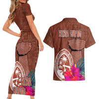 Chamorro Biba Guam Couples Matching Short Sleeve Bodycon Dress and Hawaiian Shirt Latte Stone Tribal and Hibiscus Flower Tapa Pattern LT03 - Polynesian Pride