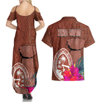Chamorro Biba Guam Couples Matching Summer Maxi Dress and Hawaiian Shirt Latte Stone Tribal and Hibiscus Flower Tapa Pattern LT03 - Polynesian Pride