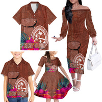 Chamorro Biba Guam Family Matching Off The Shoulder Long Sleeve Dress and Hawaiian Shirt Latte Stone Tribal and Hibiscus Flower Tapa Pattern LT03 - Polynesian Pride