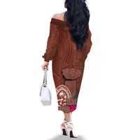 Chamorro Biba Guam Family Matching Off The Shoulder Long Sleeve Dress and Hawaiian Shirt Latte Stone Tribal and Hibiscus Flower Tapa Pattern LT03 - Polynesian Pride