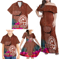Chamorro Biba Guam Family Matching Off Shoulder Maxi Dress and Hawaiian Shirt Latte Stone Tribal and Hibiscus Flower Tapa Pattern LT03 - Polynesian Pride