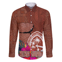 Chamorro Biba Guam Family Matching Off Shoulder Short Dress and Hawaiian Shirt Latte Stone Tribal and Hibiscus Flower Tapa Pattern LT03 Dad's Shirt - Long Sleeve Brown - Polynesian Pride