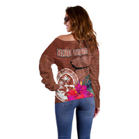 Chamorro Biba Guam Off Shoulder Sweater Latte Stone Tribal and Hibiscus Flower Tapa Pattern