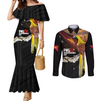Papua New Guinea Remembrance Day Couples Matching Mermaid Dress and Long Sleeve Button Shirt Bird of Paradise Plumeria Flower and Polynesian Pattern LT03 Black - Polynesian Pride