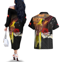 Papua New Guinea Remembrance Day Couples Matching Off The Shoulder Long Sleeve Dress and Hawaiian Shirt Bird of Paradise Plumeria Flower and Polynesian Pattern LT03 - Polynesian Pride
