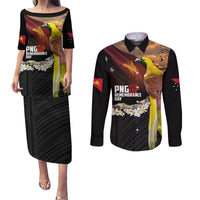 Papua New Guinea Remembrance Day Couples Matching Puletasi and Long Sleeve Button Shirt Bird of Paradise Plumeria Flower and Polynesian Pattern LT03 Black - Polynesian Pride