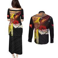 Papua New Guinea Remembrance Day Couples Matching Puletasi and Long Sleeve Button Shirt Bird of Paradise Plumeria Flower and Polynesian Pattern LT03 - Polynesian Pride