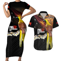 Papua New Guinea Remembrance Day Couples Matching Short Sleeve Bodycon Dress and Hawaiian Shirt Bird of Paradise Plumeria Flower and Polynesian Pattern LT03 Black - Polynesian Pride