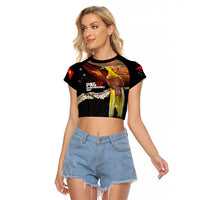 Papua New Guinea Remembrance Day Raglan Cropped T Shirt Bird of Paradise Plumeria Flower and Polynesian Pattern