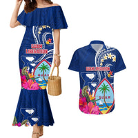 Personalised Guam Liberation Couples Matching Mermaid Dress and Hawaiian Shirt Latte Stone and Guahan Seal Jungle Flower LT03 Blue - Polynesian Pride