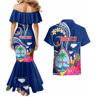 Personalised Guam Liberation Couples Matching Mermaid Dress and Hawaiian Shirt Latte Stone and Guahan Seal Jungle Flower LT03 - Polynesian Pride