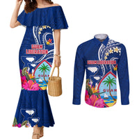 Personalised Guam Liberation Couples Matching Mermaid Dress and Long Sleeve Button Shirt Latte Stone and Guahan Seal Jungle Flower LT03 Blue - Polynesian Pride