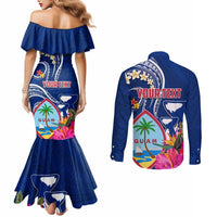 Personalised Guam Liberation Couples Matching Mermaid Dress and Long Sleeve Button Shirt Latte Stone and Guahan Seal Jungle Flower LT03 - Polynesian Pride