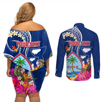 Personalised Guam Liberation Couples Matching Off Shoulder Short Dress and Long Sleeve Button Shirt Latte Stone and Guahan Seal Jungle Flower LT03 - Polynesian Pride