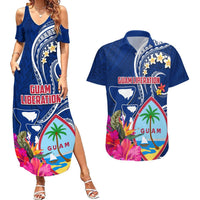 Personalised Guam Liberation Couples Matching Summer Maxi Dress and Hawaiian Shirt Latte Stone and Guahan Seal Jungle Flower LT03 Blue - Polynesian Pride