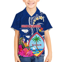 Personalised Guam Liberation Family Matching Tank Maxi Dress and Hawaiian Shirt Latte Stone and Guahan Seal Jungle Flower LT03 Son's Shirt Blue - Polynesian Pride