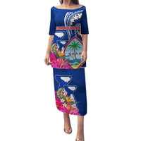 Personalised Guam Liberation Puletasi Latte Stone and Guahan Seal Jungle Flower LT03 Long Dress Blue - Polynesian Pride