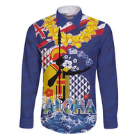Hawaii King Kamehameha Day Family Matching Short Sleeve Bodycon Dress and Hawaiian Shirt Lei Sea Waves Polynesian Tapa Pattern LT03 Dad's Shirt - Long Sleeve Blue - Polynesian Pride