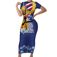 Hawaii King Kamehameha Day Short Sleeve Bodycon Dress Lei Sea Waves Polynesian Tapa Pattern