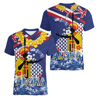 Hawaii King Kamehameha Day Women V-Neck T-Shirt Lei Sea Waves Polynesian Tapa Pattern