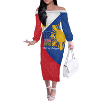Philippines Independence Day Family Matching Off The Shoulder Long Sleeve Dress and Hawaiian Shirt Araw ng Kalayaan Polynesian Sun and YAKAN Pattern LT03 Mom's Dress Blue - Polynesian Pride