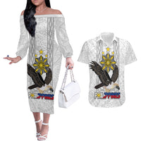 Philippines Eagle Week Couples Matching Off The Shoulder Long Sleeve Dress and Hawaiian Shirt Polynesian Pattern Barong Style LT03 White - Polynesian Pride