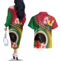 Vanuatu Tribal Boar Tusk Couples Matching Off The Shoulder Long Sleeve Dress and Hawaiian Shirt Tropical Plants with Namele and Melanesian Pattern LT03 - Polynesian Pride