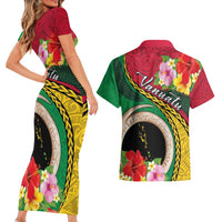 Vanuatu Tribal Boar Tusk Couples Matching Short Sleeve Bodycon Dress and Hawaiian Shirt Tropical Plants with Namele and Melanesian Pattern LT03 - Polynesian Pride