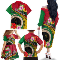 Vanuatu Tribal Boar Tusk Family Matching Off The Shoulder Long Sleeve Dress and Hawaiian Shirt Tropical Plants with Namele and Melanesian Pattern LT03 - Polynesian Pride