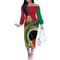 Vanuatu Tribal Boar Tusk Off The Shoulder Long Sleeve Dress Tropical Plants with Namele and Melanesian Pattern