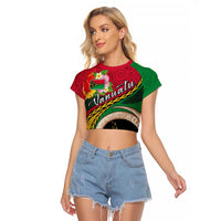 Vanuatu Tribal Boar Tusk Raglan Cropped T Shirt Tropical Plants with Namele and Melanesian Pattern LT03 Female Red - Polynesian Pride