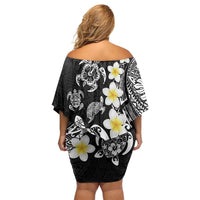 Hawaiian Plumeria Turtles Off Shoulder Short Dress Polynesian Art Tattoo