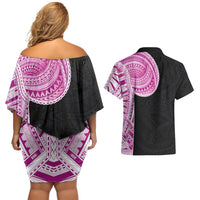 Samoan Art Tattoo Polynesian Pattern Couples Matching Off Shoulder Short Dress and Hawaiian Shirt Pink Out Color
