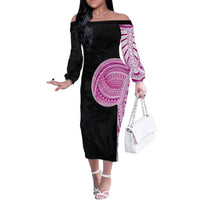 Samoan Art Tattoo Polynesian Pattern Family Matching Off The Shoulder Long Sleeve Dress and Hawaiian Shirt Pink Out Color LT03 Mom's Dress Black - Polynesian Pride