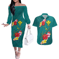 Aloha Kanaka Maoli Hawaii Flowers Couples Matching Off The Shoulder Long Sleeve Dress and Hawaiian Shirt With Polynesian Pattern Teal Color LT03 Teal - Polynesian Pride