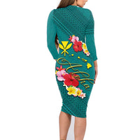 Aloha Kanaka Maoli Hawaii Flowers Family Matching Long Sleeve Bodycon Dress and Hawaiian Shirt With Polynesian Pattern Teal Color LT03 - Polynesian Pride