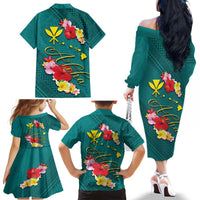 Aloha Kanaka Maoli Hawaii Flowers Family Matching Off The Shoulder Long Sleeve Dress and Hawaiian Shirt With Polynesian Pattern Teal Color LT03 - Polynesian Pride