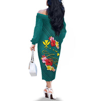 Aloha Kanaka Maoli Hawaii Flowers Family Matching Off The Shoulder Long Sleeve Dress and Hawaiian Shirt With Polynesian Pattern Teal Color LT03 - Polynesian Pride