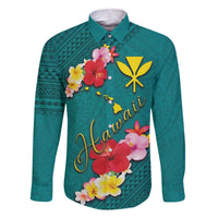 Aloha Kanaka Maoli Hawaii Flowers Family Matching Off Shoulder Short Dress and Hawaiian Shirt With Polynesian Pattern Teal Color LT03 Dad's Shirt - Long Sleeve Teal - Polynesian Pride