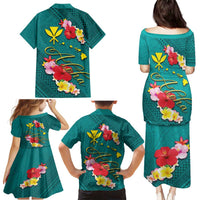 Aloha Kanaka Maoli Hawaii Flowers Family Matching Puletasi and Hawaiian Shirt With Polynesian Pattern Teal Color LT03 - Polynesian Pride