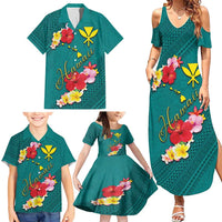 Aloha Kanaka Maoli Hawaii Flowers Family Matching Summer Maxi Dress and Hawaiian Shirt With Polynesian Pattern Teal Color LT03 - Polynesian Pride