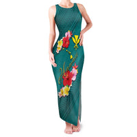 Aloha Kanaka Maoli Hawaii Flowers Family Matching Tank Maxi Dress and Hawaiian Shirt With Polynesian Pattern Teal Color LT03 Mom's Dress Teal - Polynesian Pride