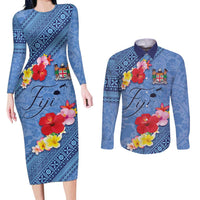 Bula Fiji Hibiscus and Plumeria Flowers Couples Matching Long Sleeve Bodycon Dress and Long Sleeve Button Shirt Tapa Tattoo Polynesian Pattern LT03 Blue - Polynesian Pride