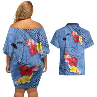 Bula Fiji Hibiscus and Plumeria Flowers Couples Matching Off Shoulder Short Dress and Hawaiian Shirt Tapa Tattoo Polynesian Pattern LT03 - Polynesian Pride