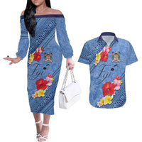 Bula Fiji Hibiscus and Plumeria Flowers Couples Matching Off The Shoulder Long Sleeve Dress and Hawaiian Shirt Tapa Tattoo Polynesian Pattern LT03 Blue - Polynesian Pride